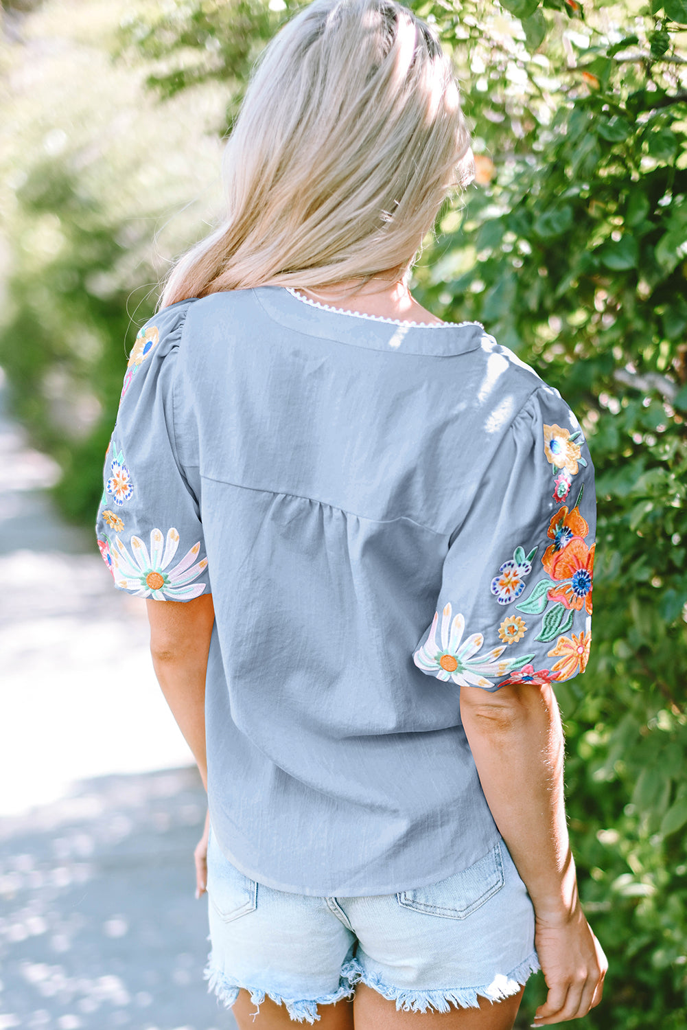 Floral Embroidered Puff Sleeve Split Neck Blouse for Women