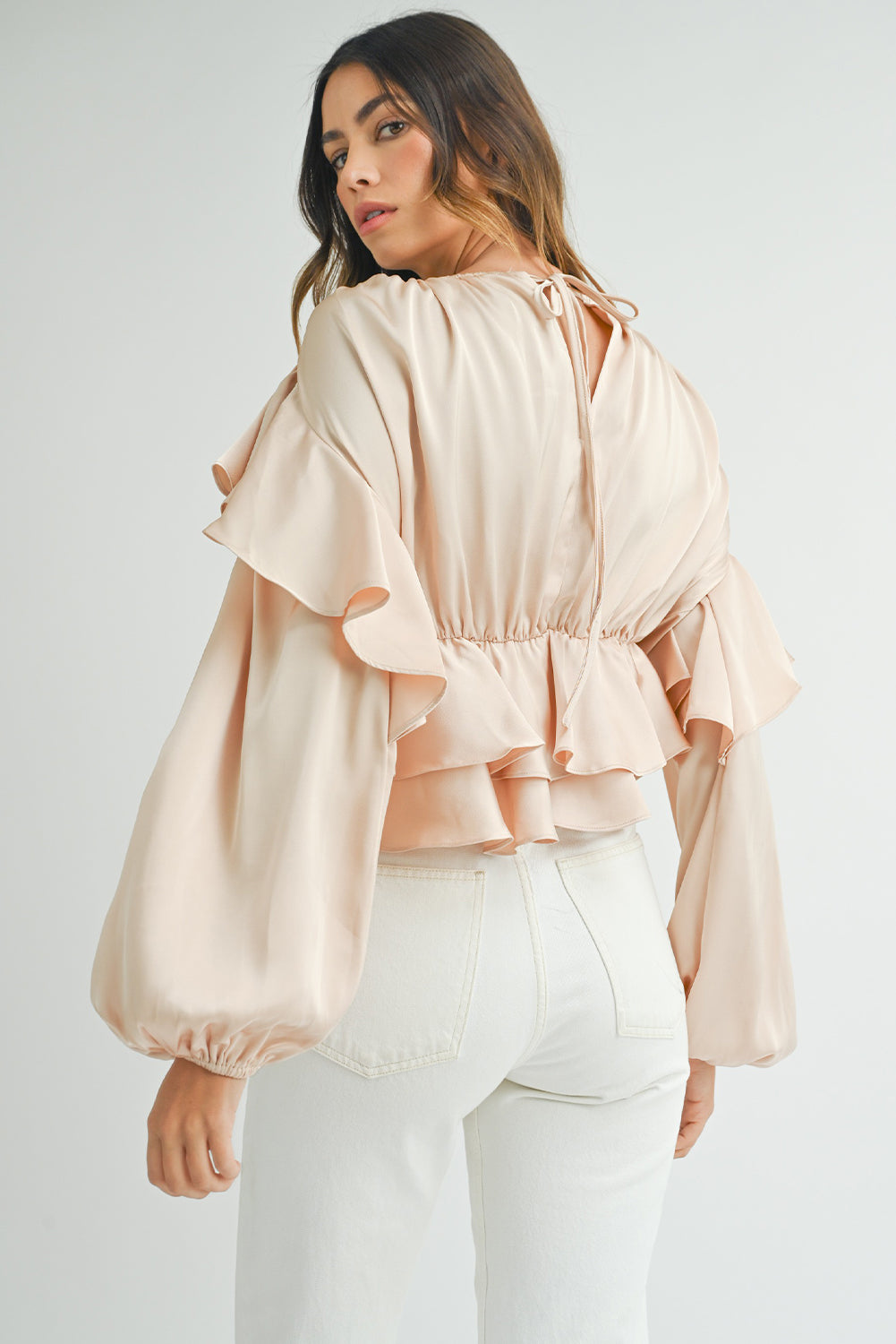 Lace-Up Keyhole Back Ruffled Peplum Blouse for Women