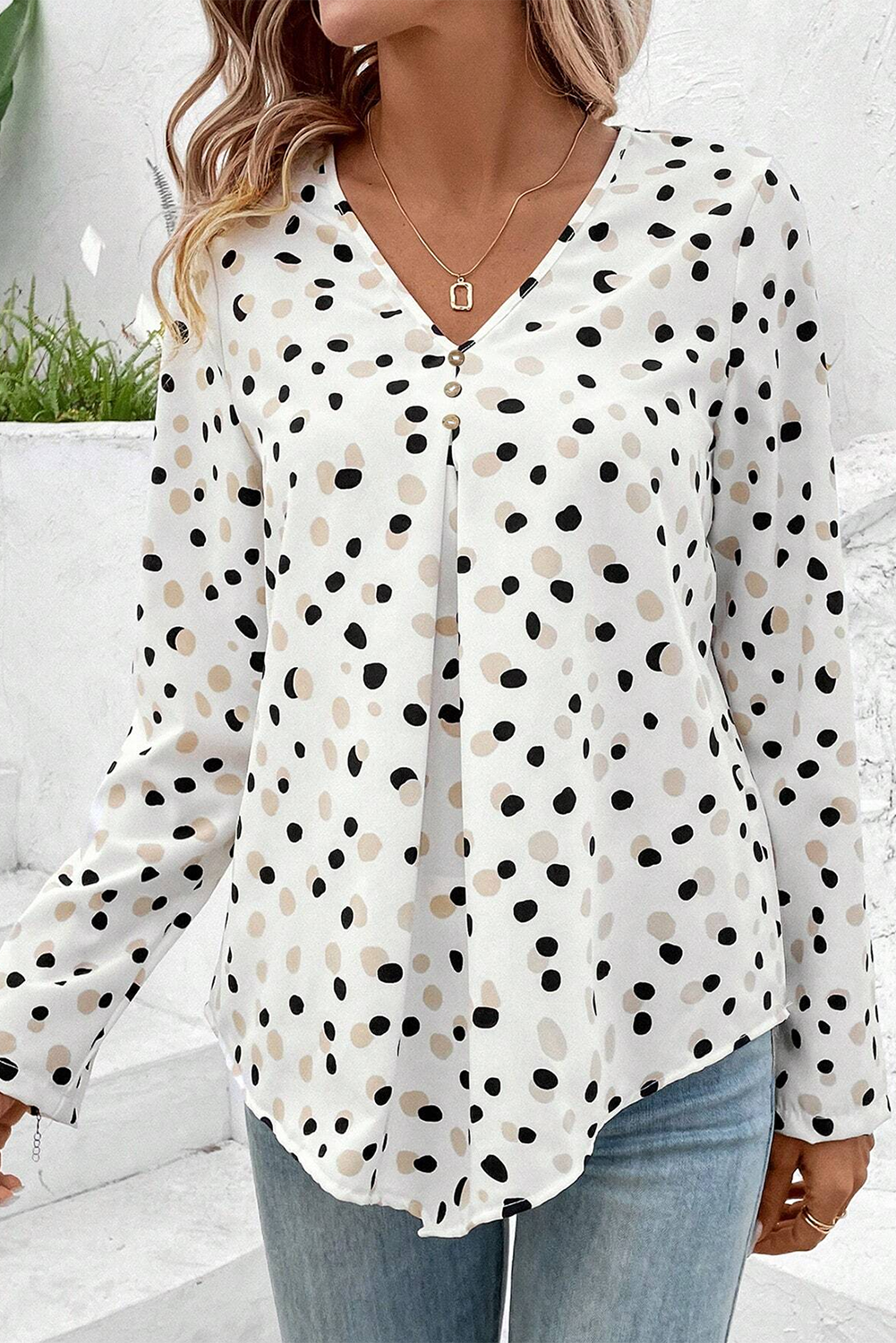 Polka Dot Print Button Front V Neck Blouse with Long Sleeves