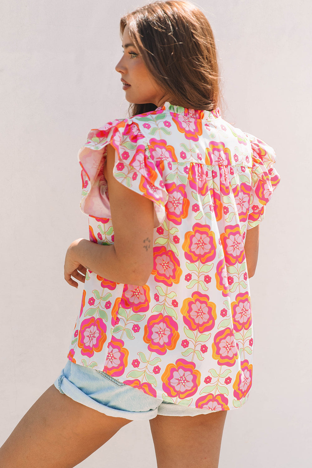 Ruffled Sleeve Ric-Rac Trim Split Neck Loose Floral Blouse