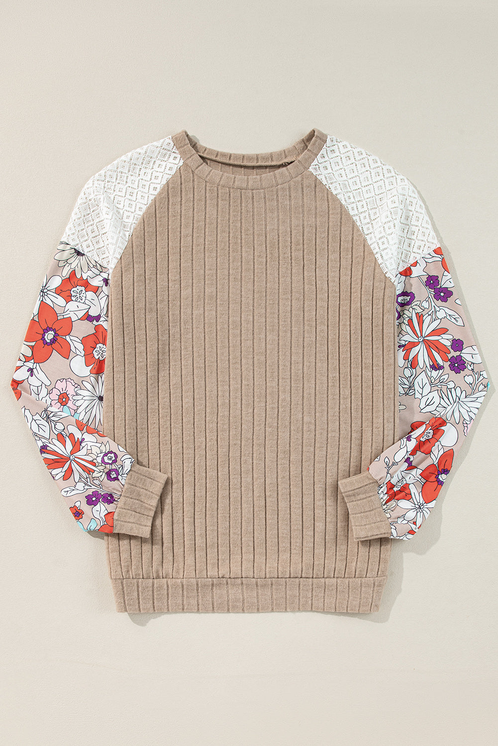 Long Sleeve Ribbed Blouse with Floral Patchwork Detail
