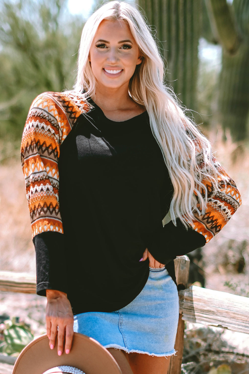 Geo Print Raglan Sleeve Patchwork Long Sleeve Tee for Women
