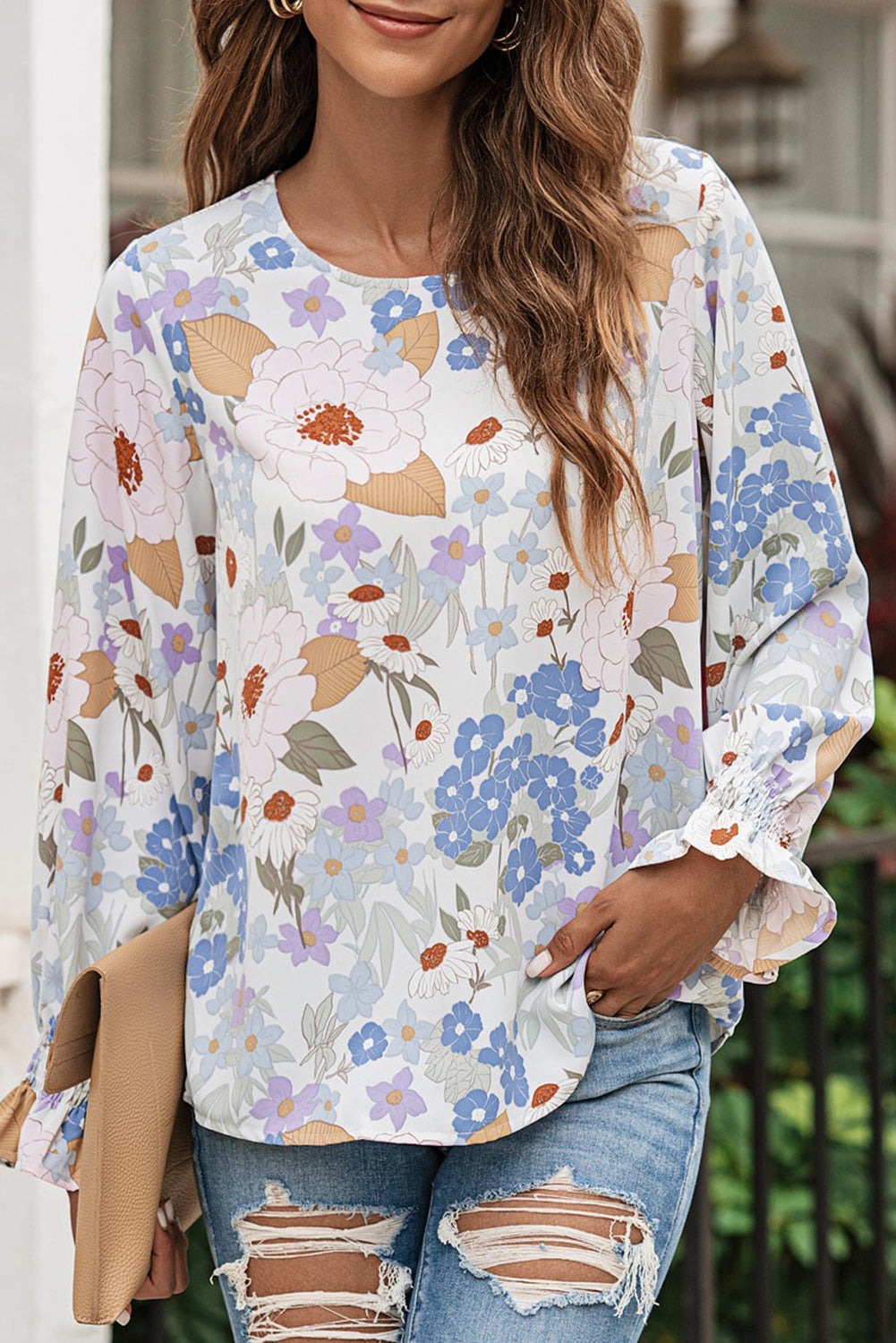 Floral Print Sweetheart Neck Lantern Sleeve Long Sleeve Blouse