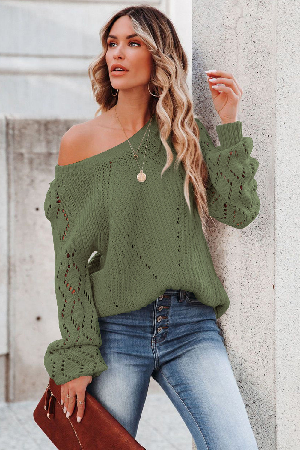 Hollow-Out Puffy Sleeve Knit Sweater for Women