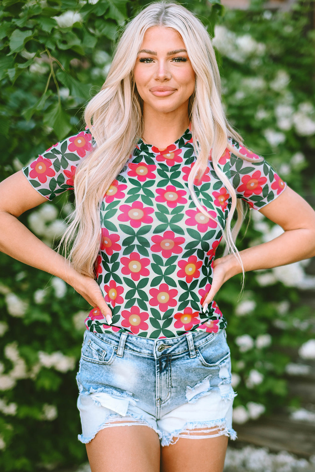 Retro Floral Print Crew Neck Women's T-Shirt with Short Sleeves