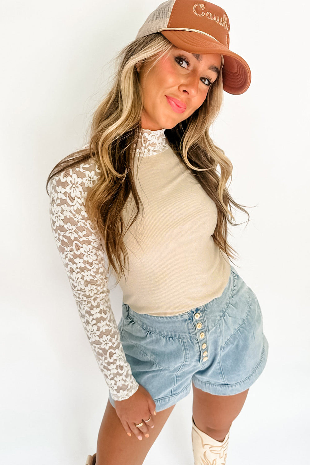 Floral Lace Patchwork Long Sleeve Slim Fit High Neck Top