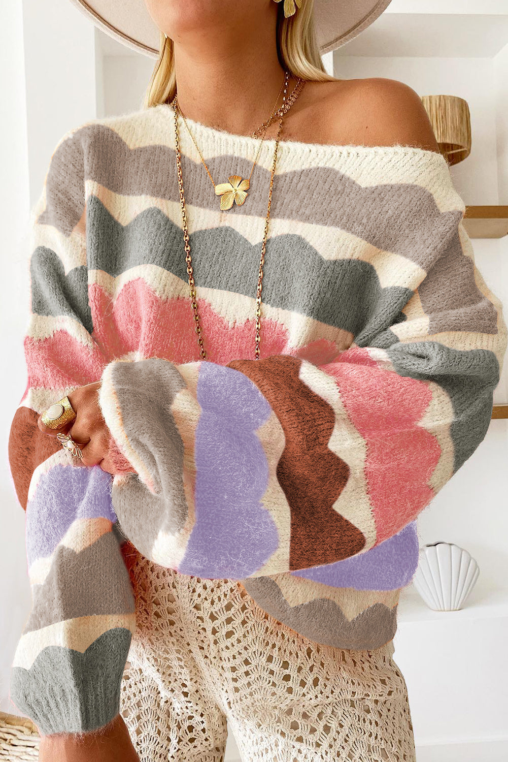 Balloon Sleeve Drop Shoulder Striped Knit Pullover Sweater for Women