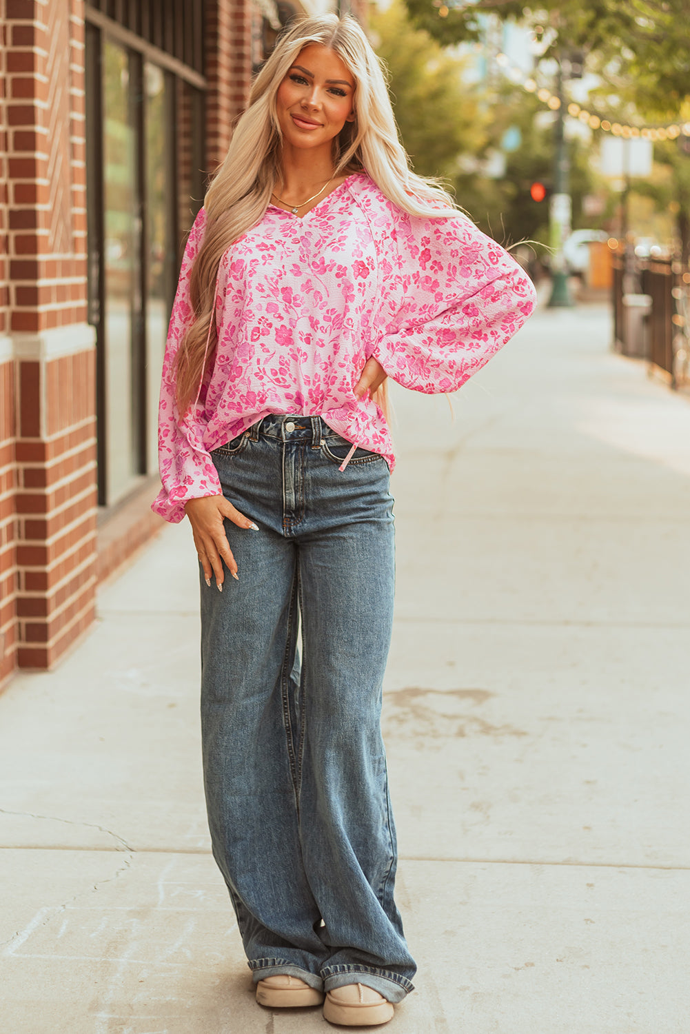 Lightweight Floral Puff Sleeve Split Neck Blouse
