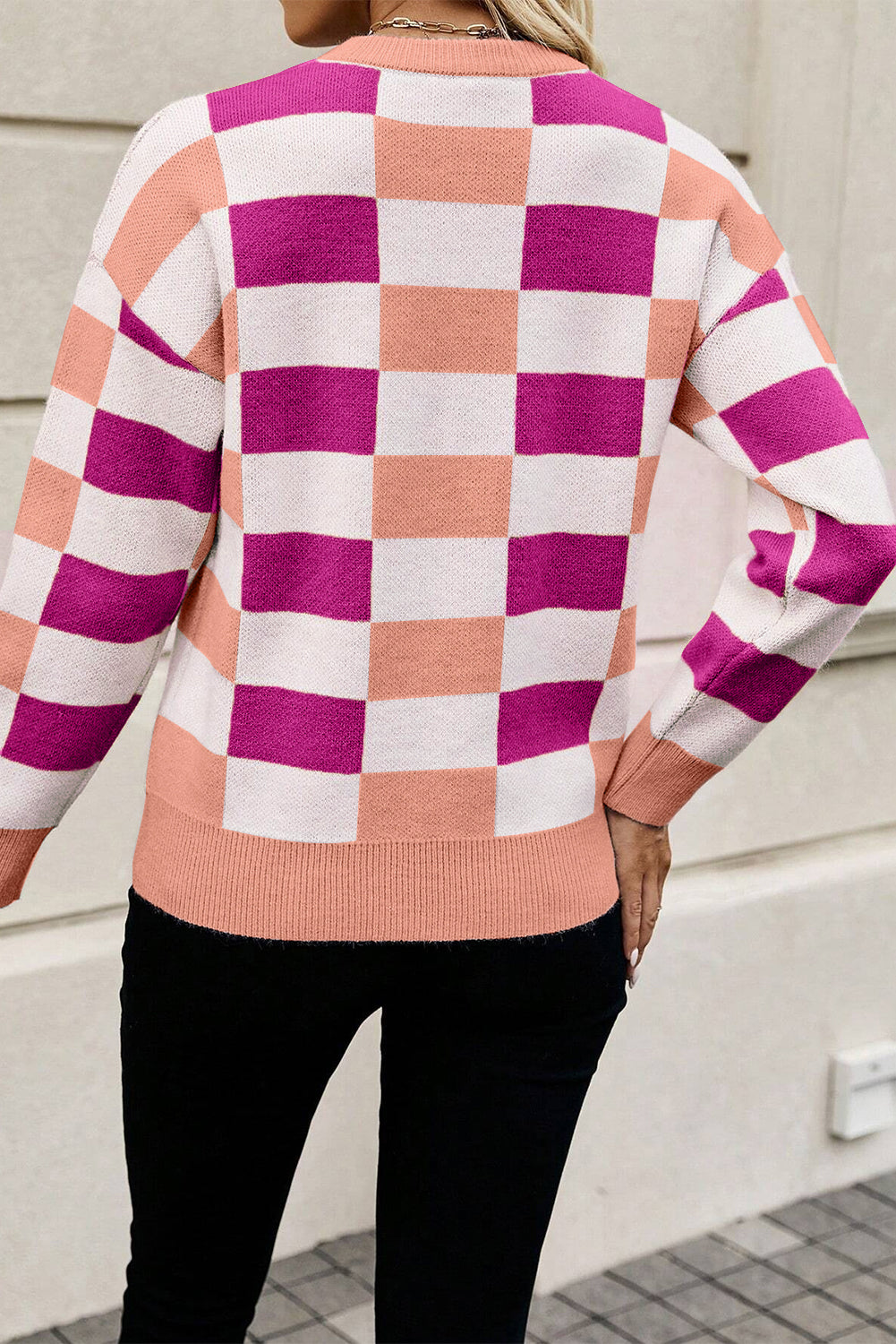 Checkered Ribbed Edge Drop Shoulder O-Neck Sweater