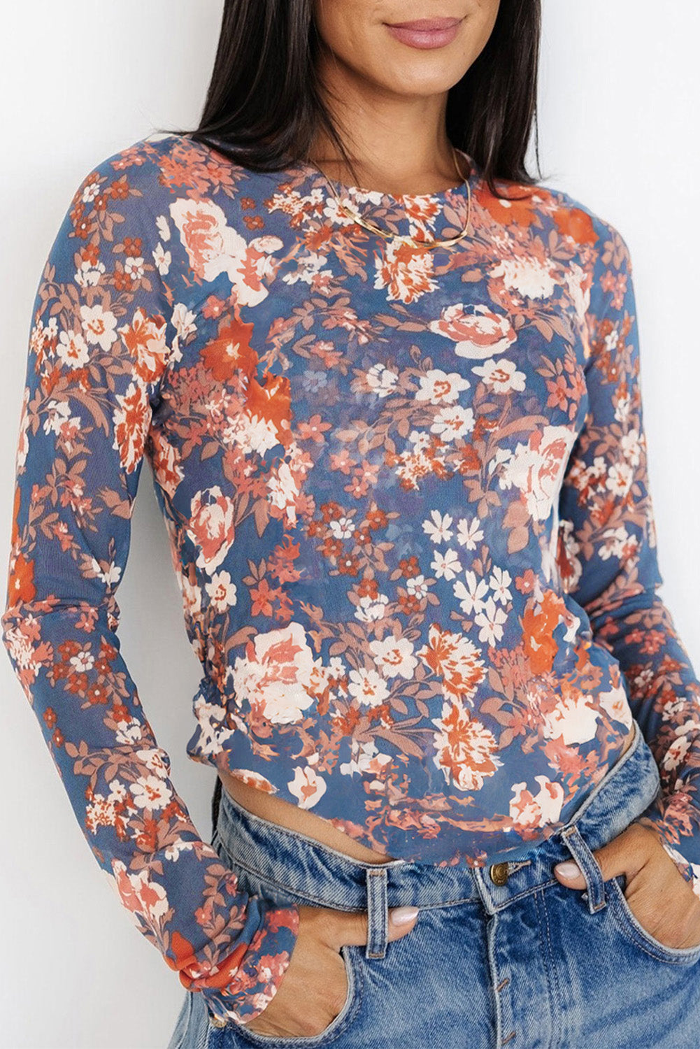 Mesh Fitted Long Sleeve Floral Print Top for Women