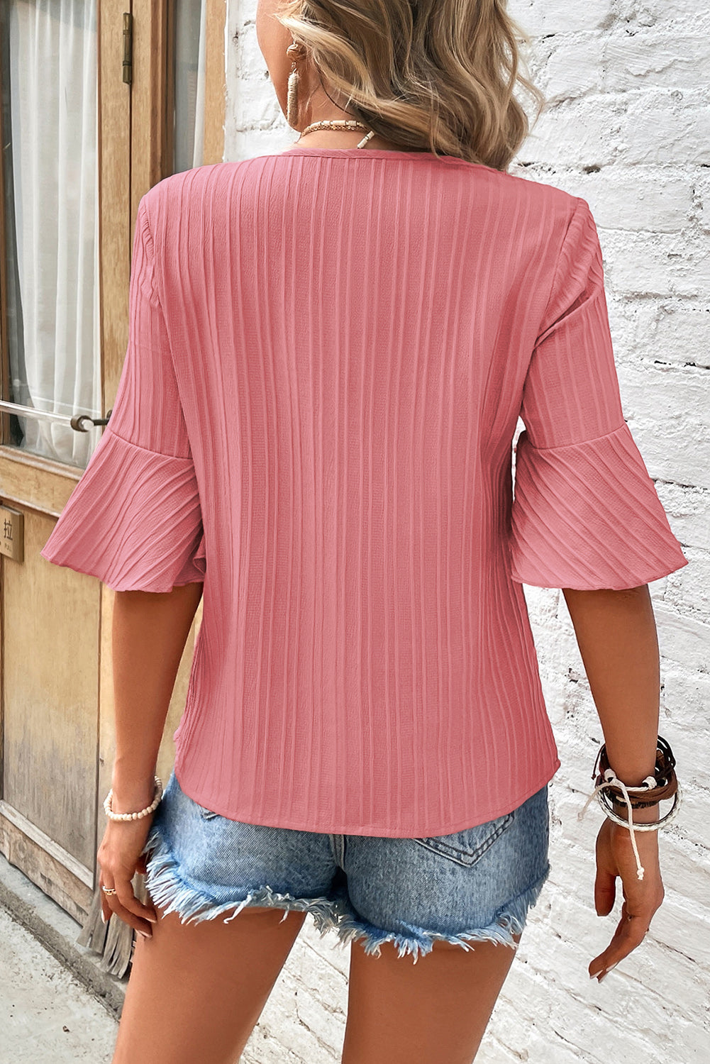 Ruffled Half Sleeve V Neck Textured Women's Top
