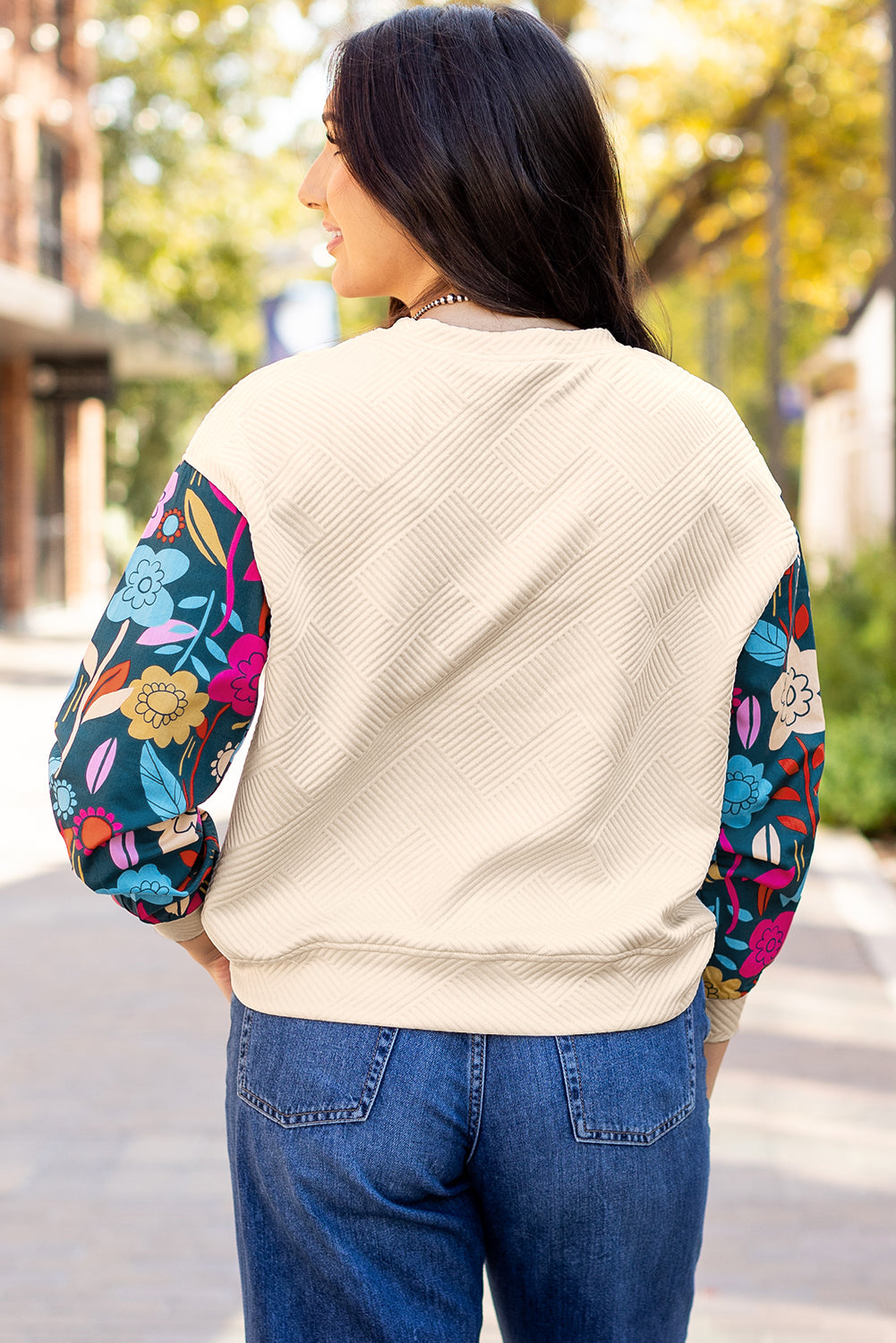 Textured Drop Shoulder Knit Top with Contrast Floral Sleeves