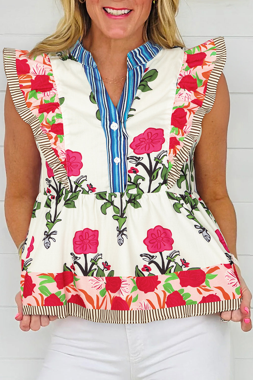 Floral Print Tie Neck Blouse with Striped Detail and Flutter Sleeves