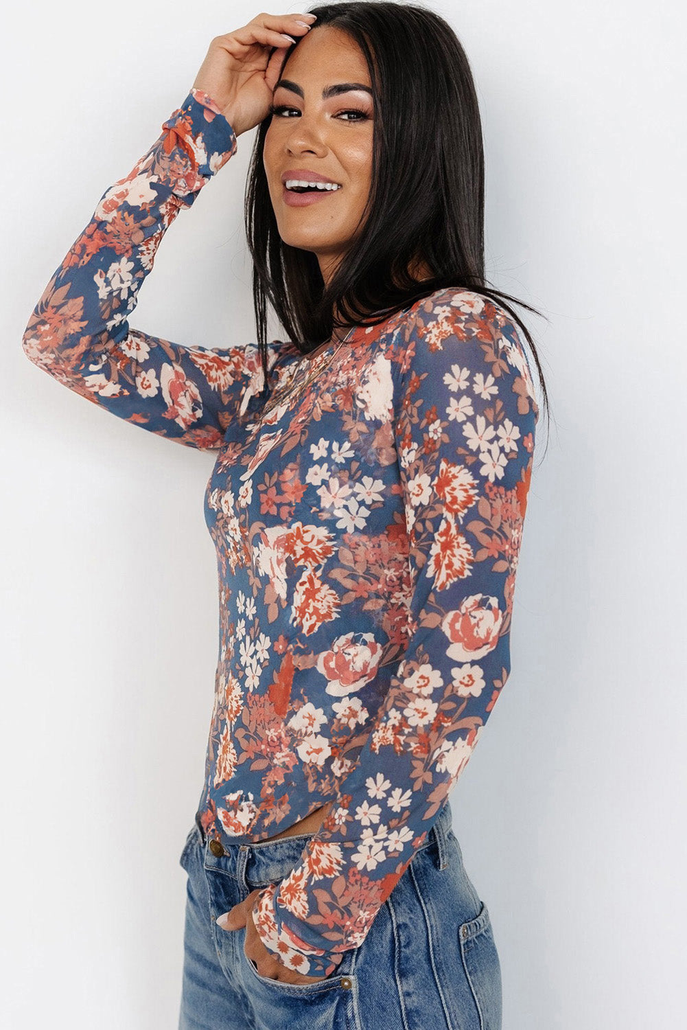 Mesh Fitted Long Sleeve Floral Print Top for Women