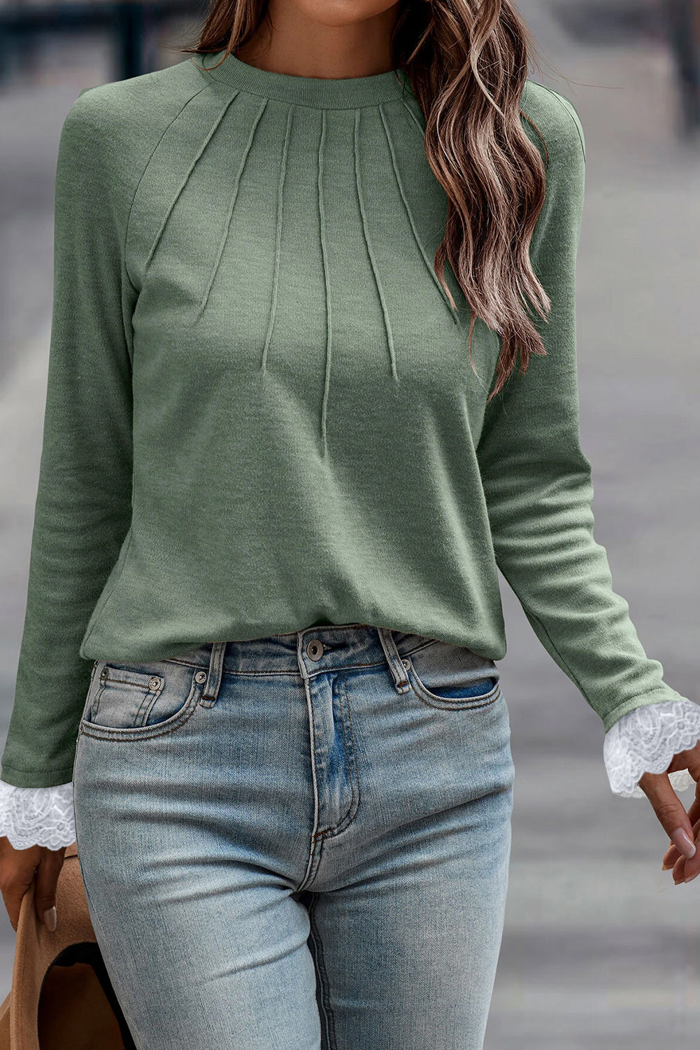 Seam Detail Lace Contrast Cuffs Raglan Sleeve Women's Top