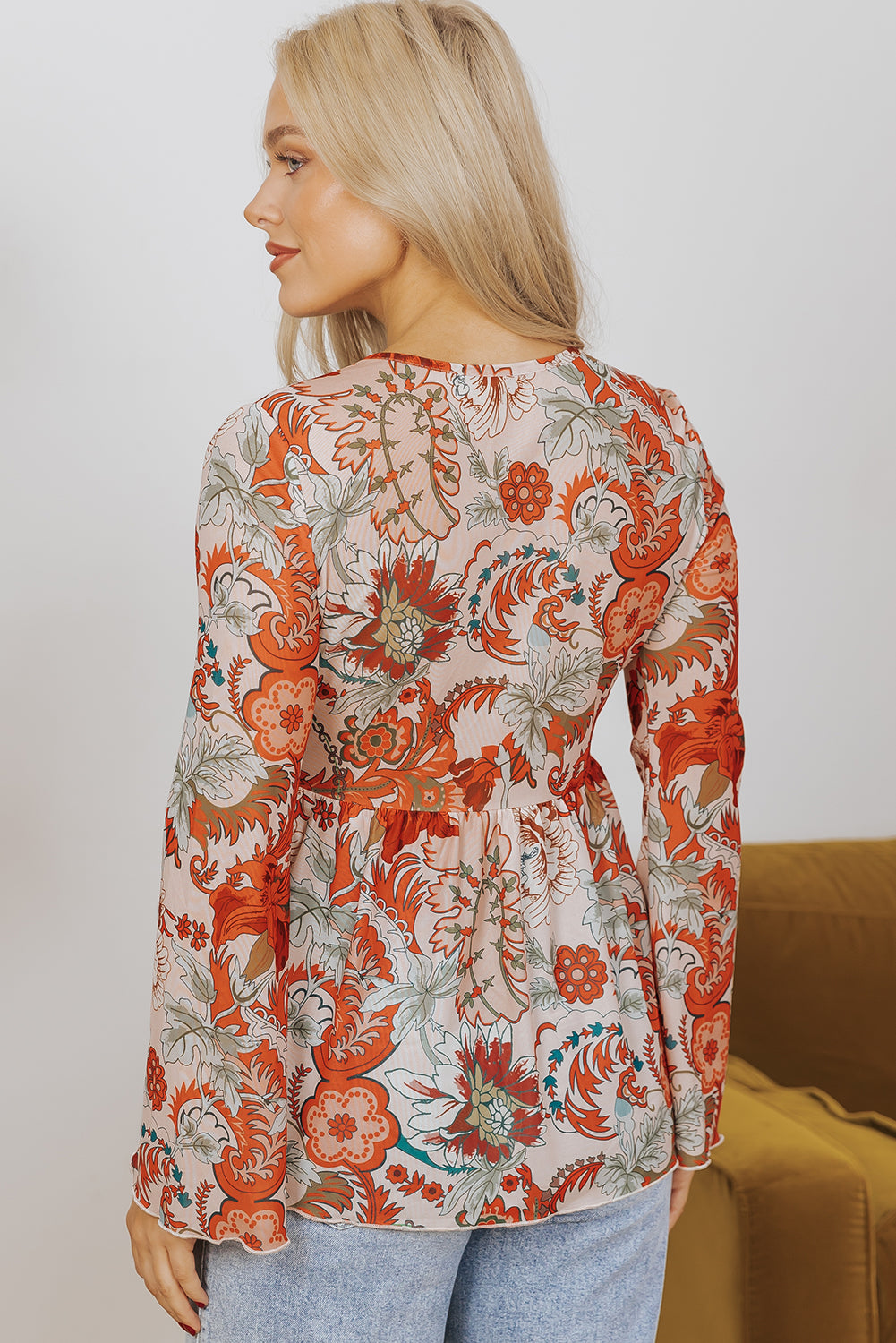 Floral Print Deep V Neck Knot Front Bell Sleeve Blouse