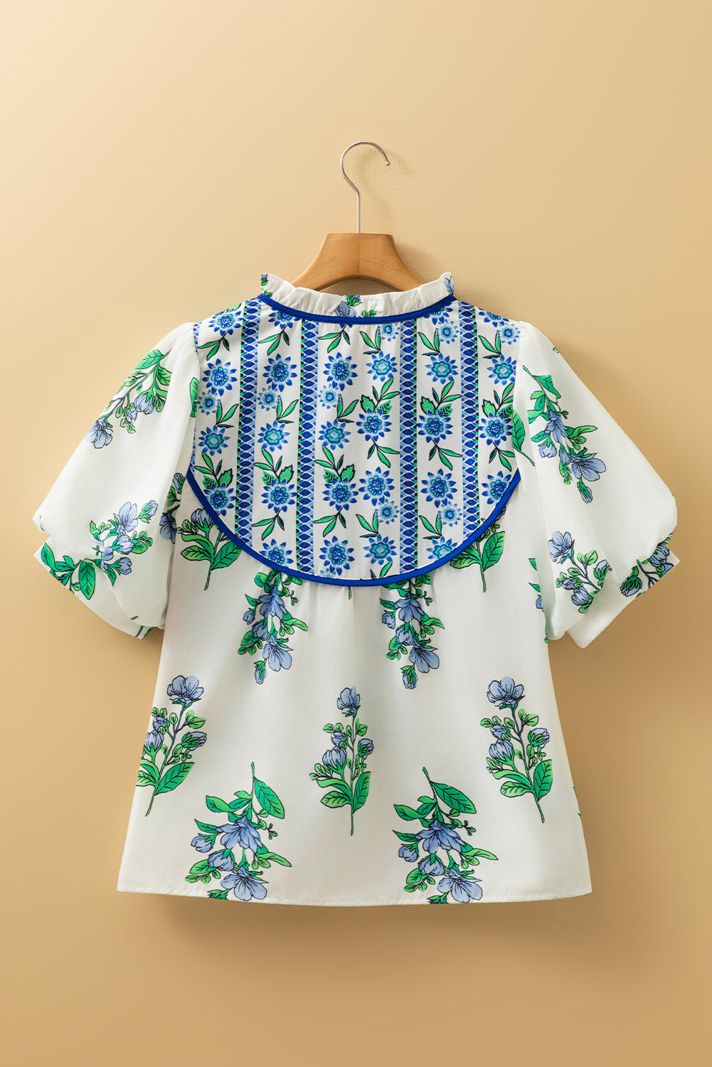 Floral Print Tie Neck Short Sleeve Blouse with Piping Trim