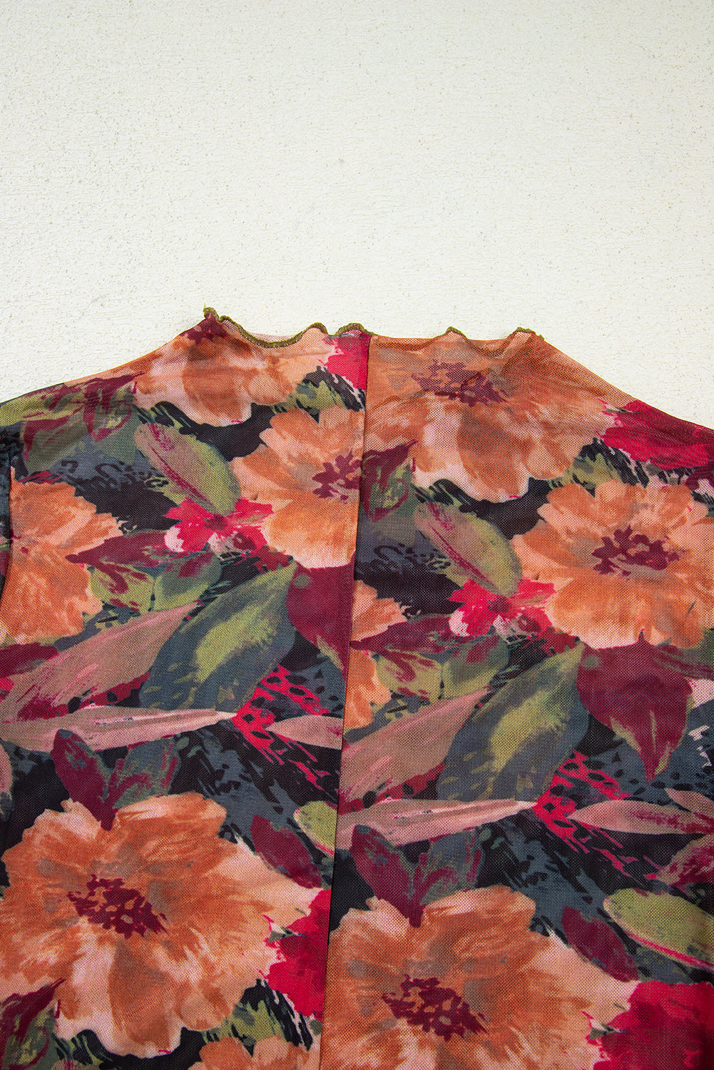 Long Sleeve Floral Print Mesh Top with Lettuce Trim