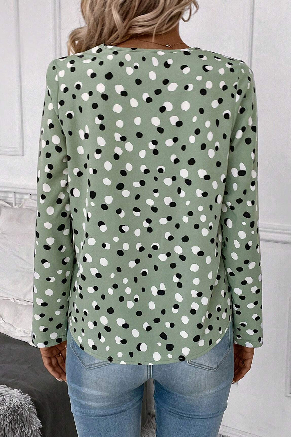 Polka Dot Print Button Front V Neck Blouse with Long Sleeves