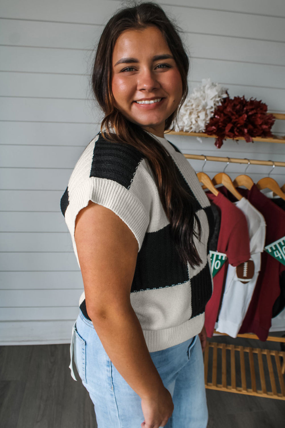 Color Block Checkered Crew Neck Short Sleeve Sweater for Women