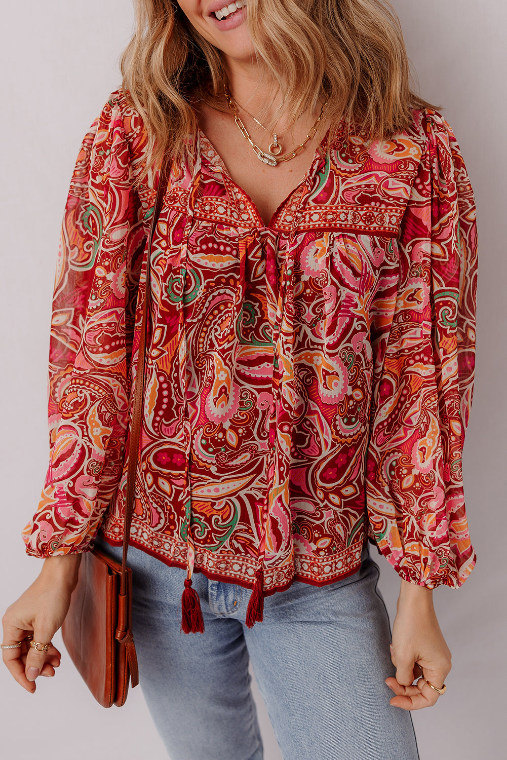 Boho Paisley Print Tassel Tie Puff Sleeve Ethnic Blouse