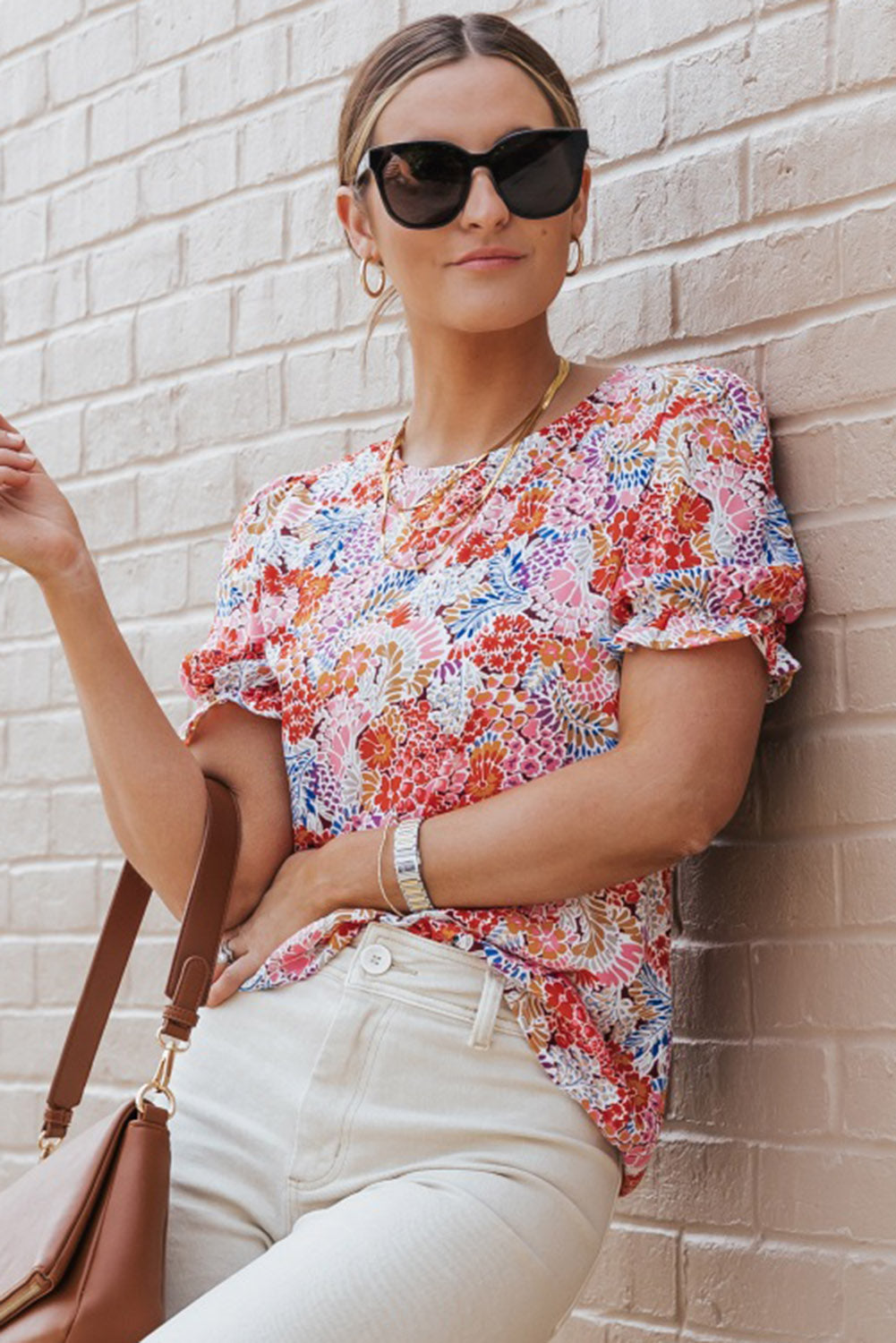 Floral Print Bubble Sleeve Blouse for Women