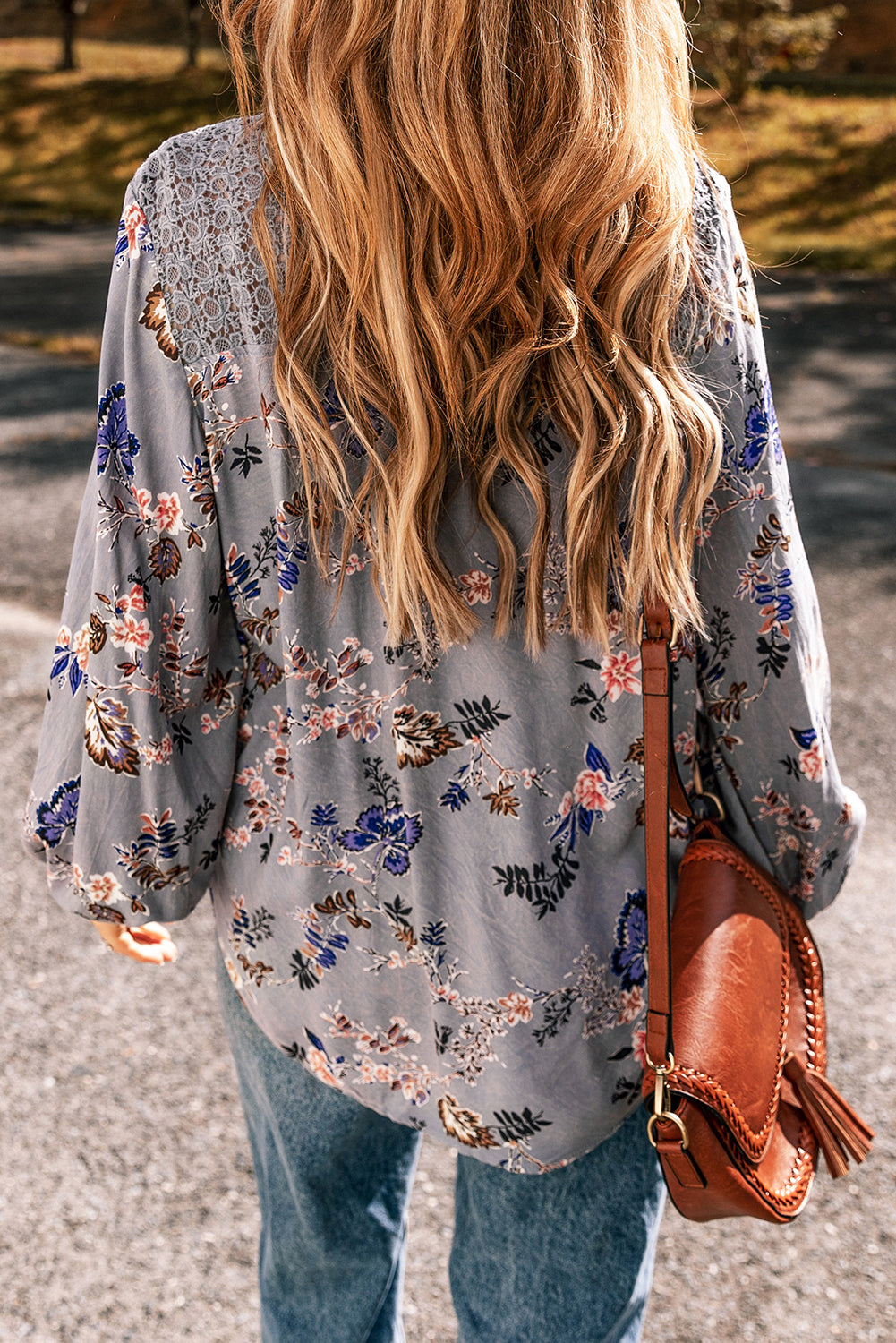 Floral Print Lace Patchwork Knot Front V Neck Blouse for Women