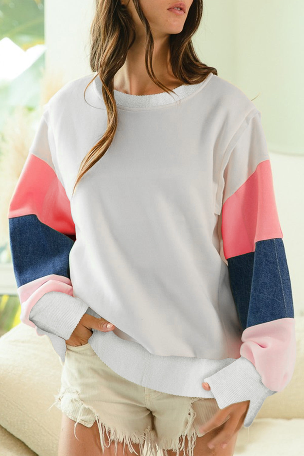 French Terry Color Block Long Sleeve Women's Top