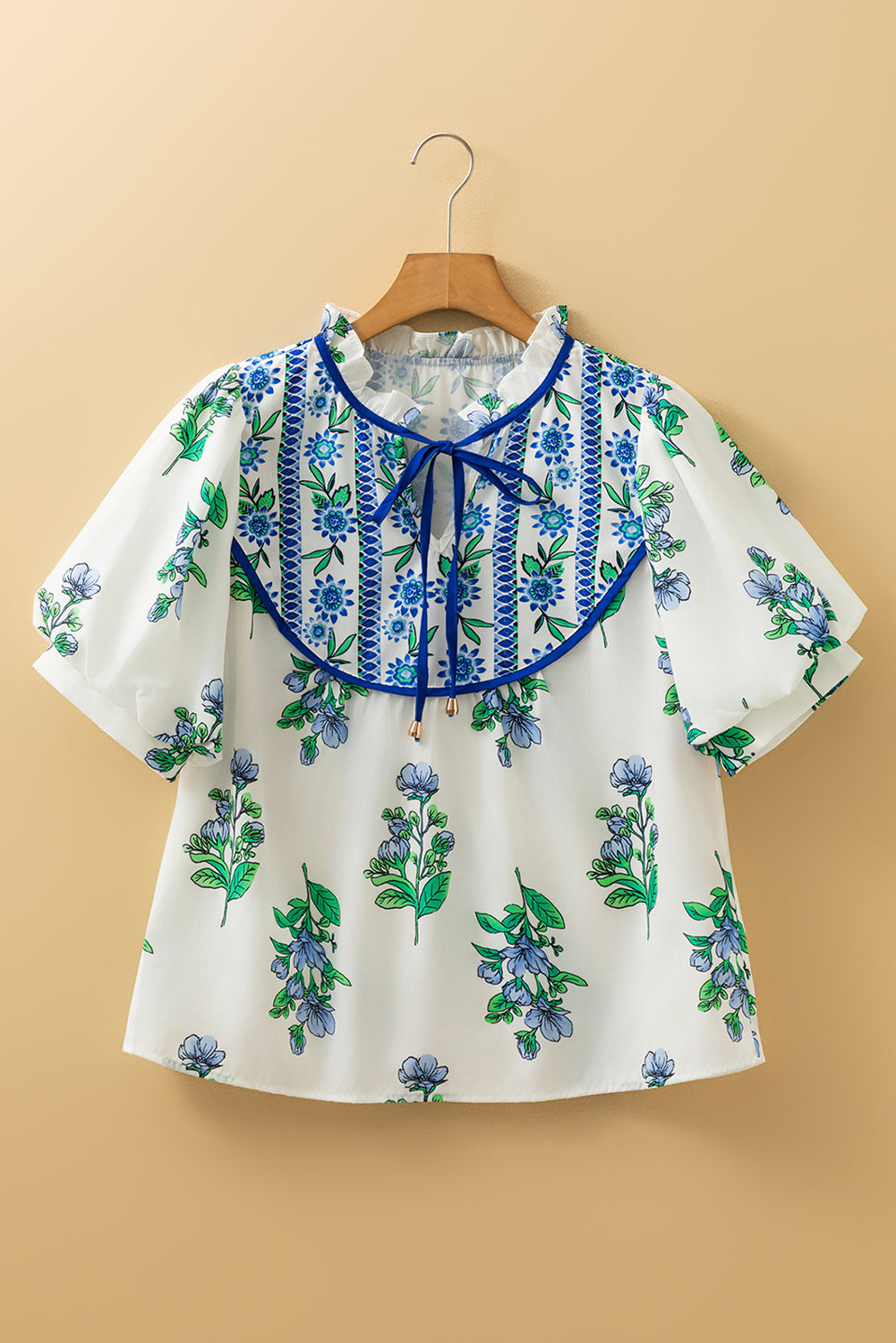 Floral Print Tie Neck Short Sleeve Blouse with Piping Trim