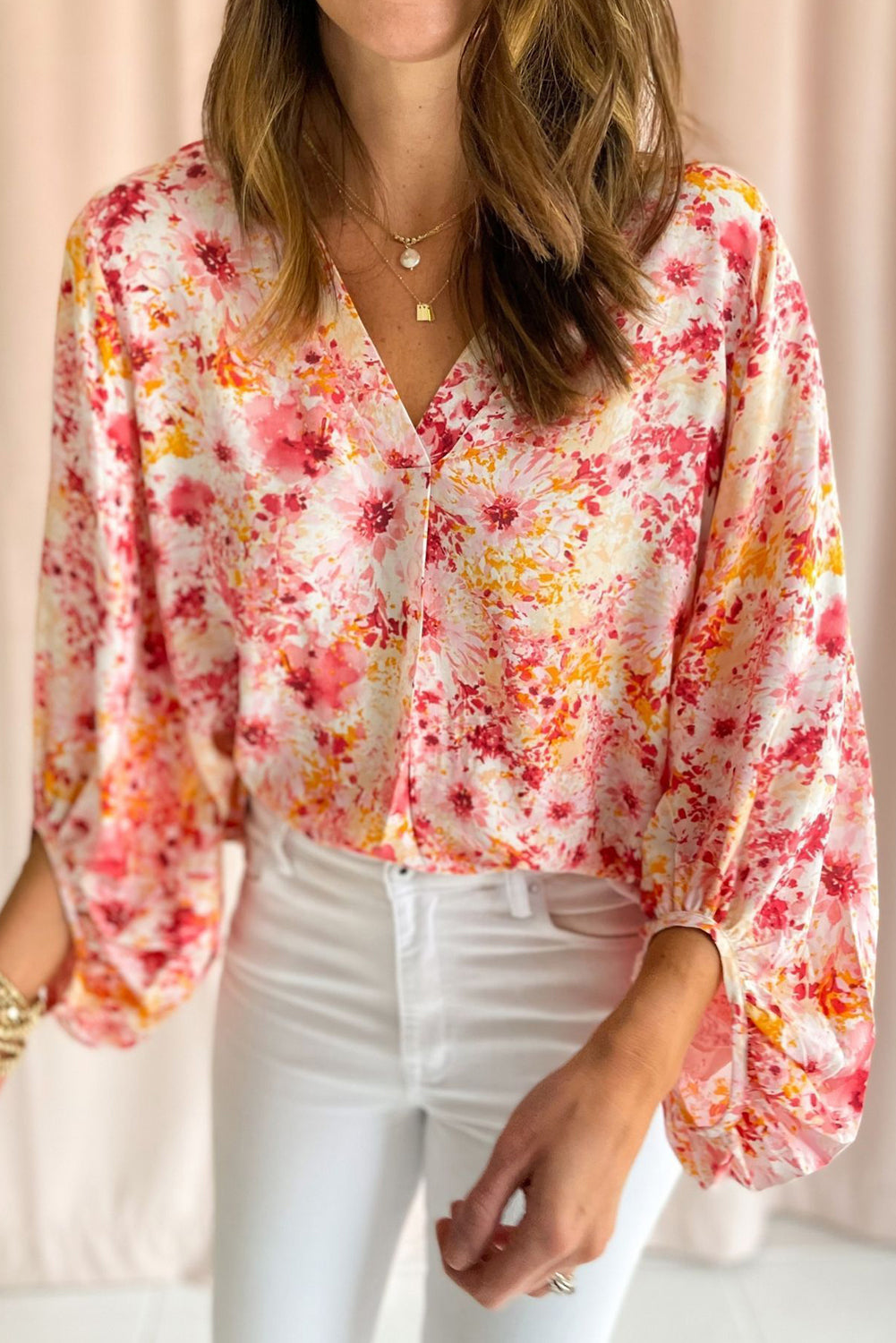 Ditsy Floral V Neck Bubble Sleeve Blouse for Women