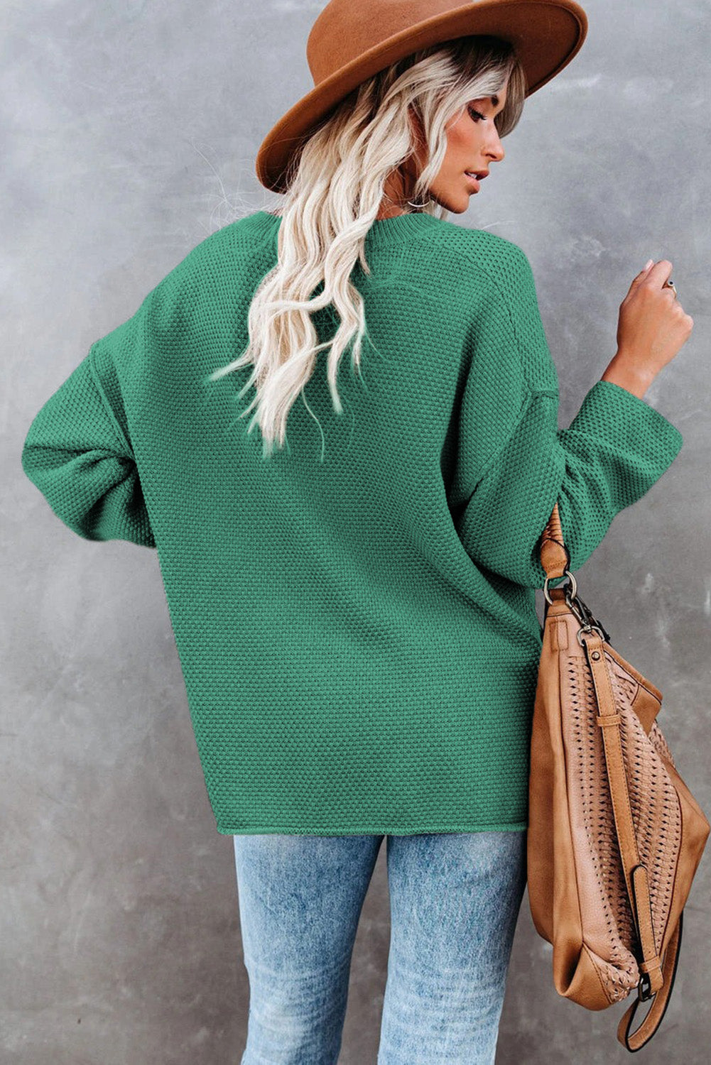 Henley Pullover Drop Shoulder Sweater with Side Slits