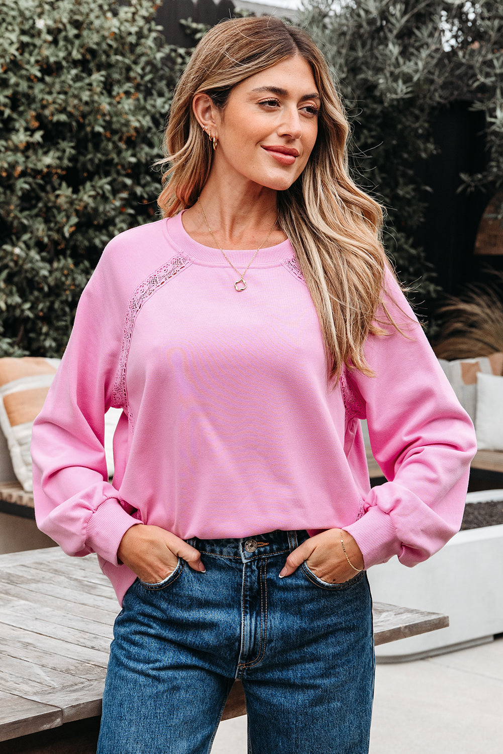 Loose Fit Lace Patch Raglan Sleeve Sweatshirt for Women