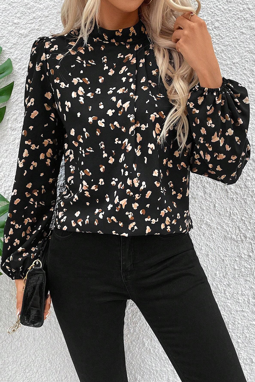 Leopard Print Pleated Blouse with Mock Neck and Lantern Sleeves