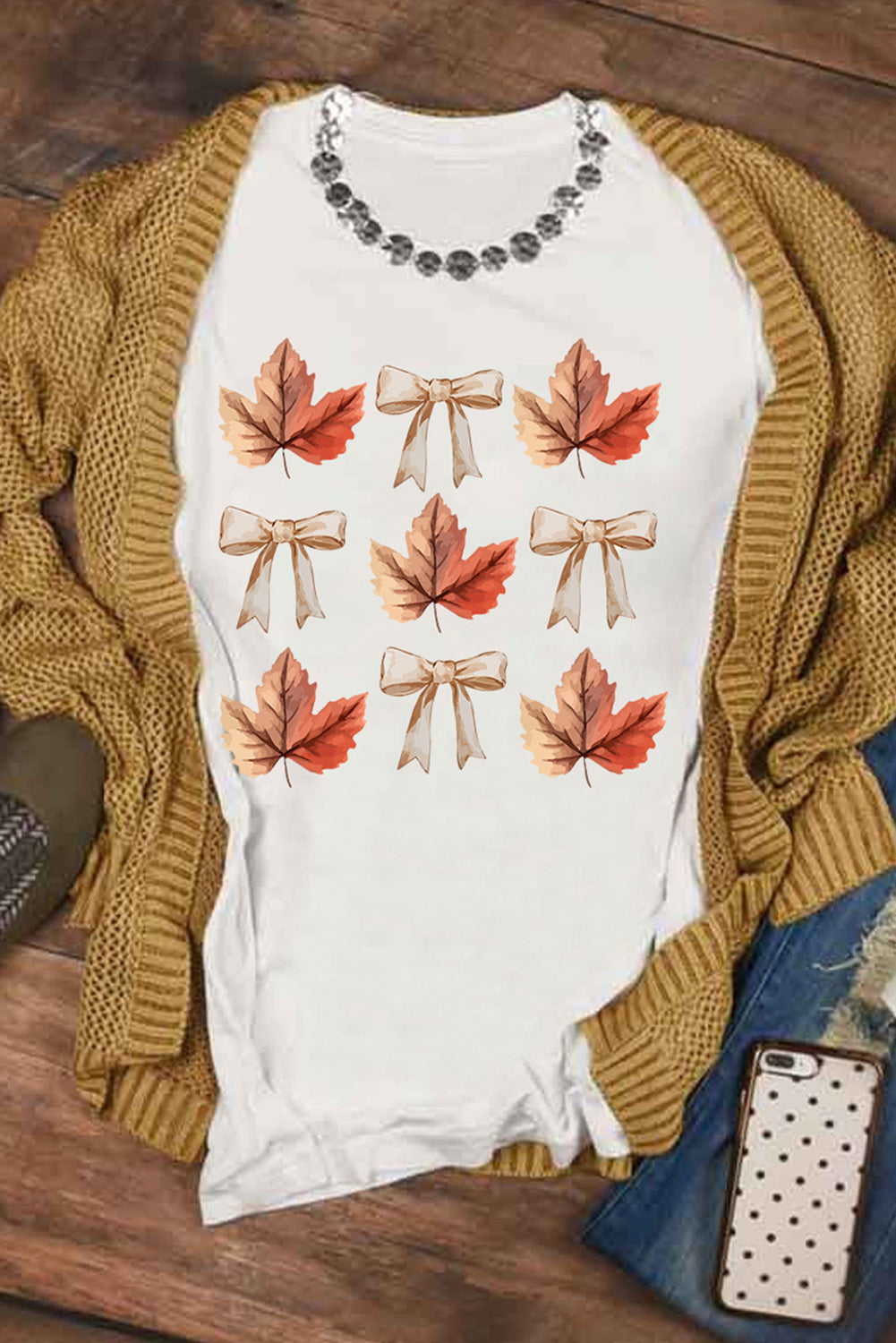 Thanksgiving Bow Print Fall Leaf Graphic T-Shirt for Women