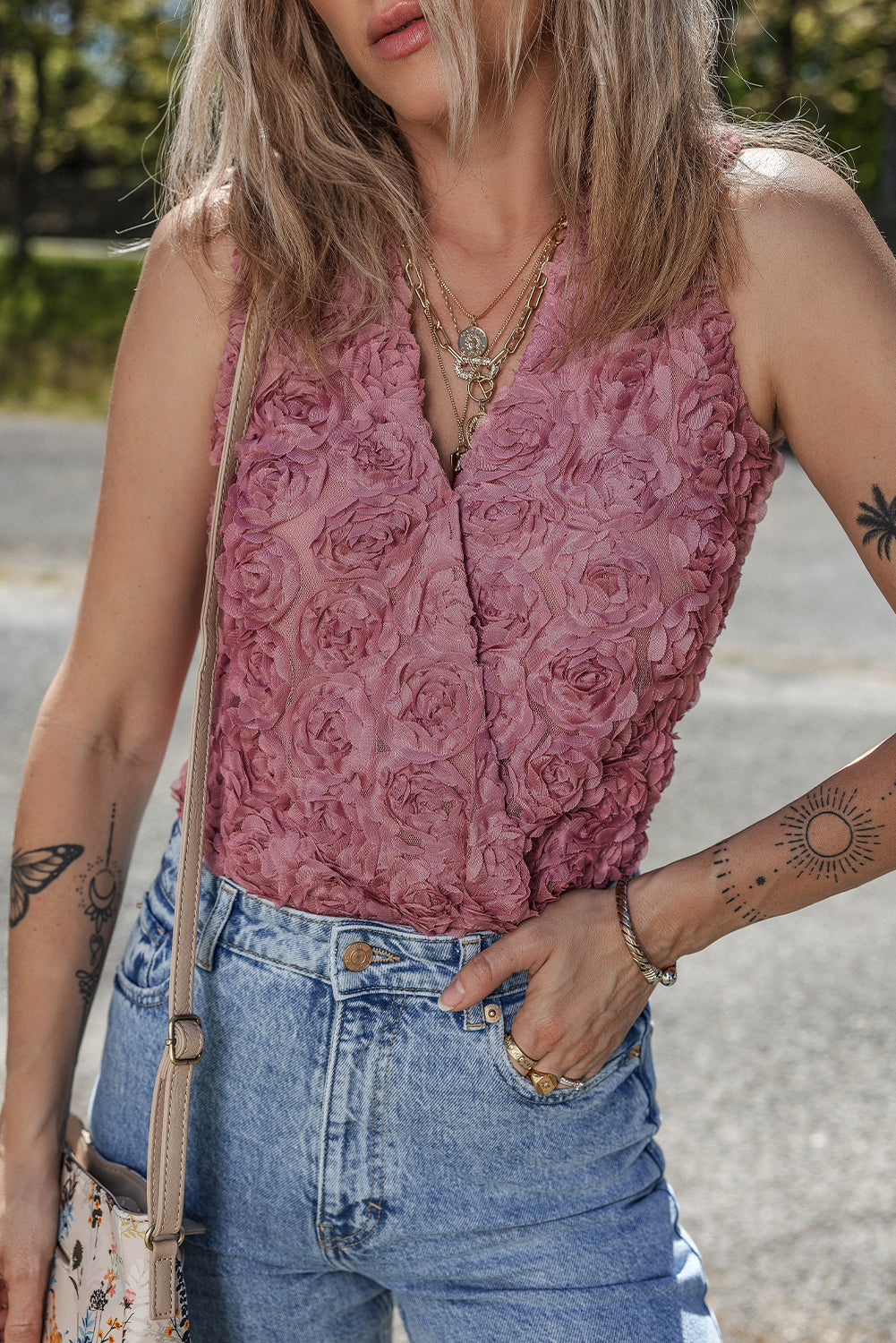 `Floral Textured V Neck Sleeveless Wrap Bodysuit`