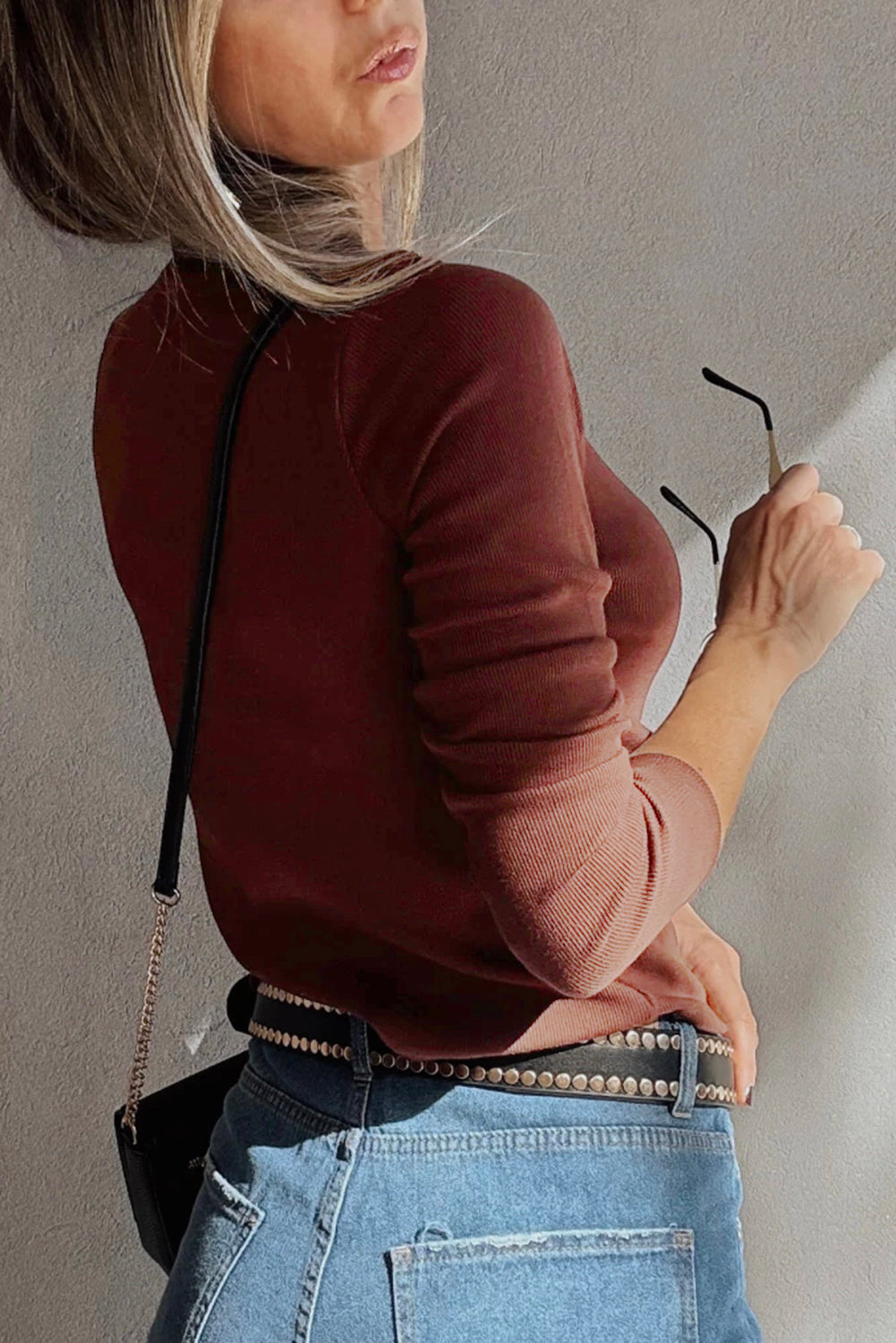 Ribbed Fit Long Sleeve Top with Gathered Bust and Square Neck