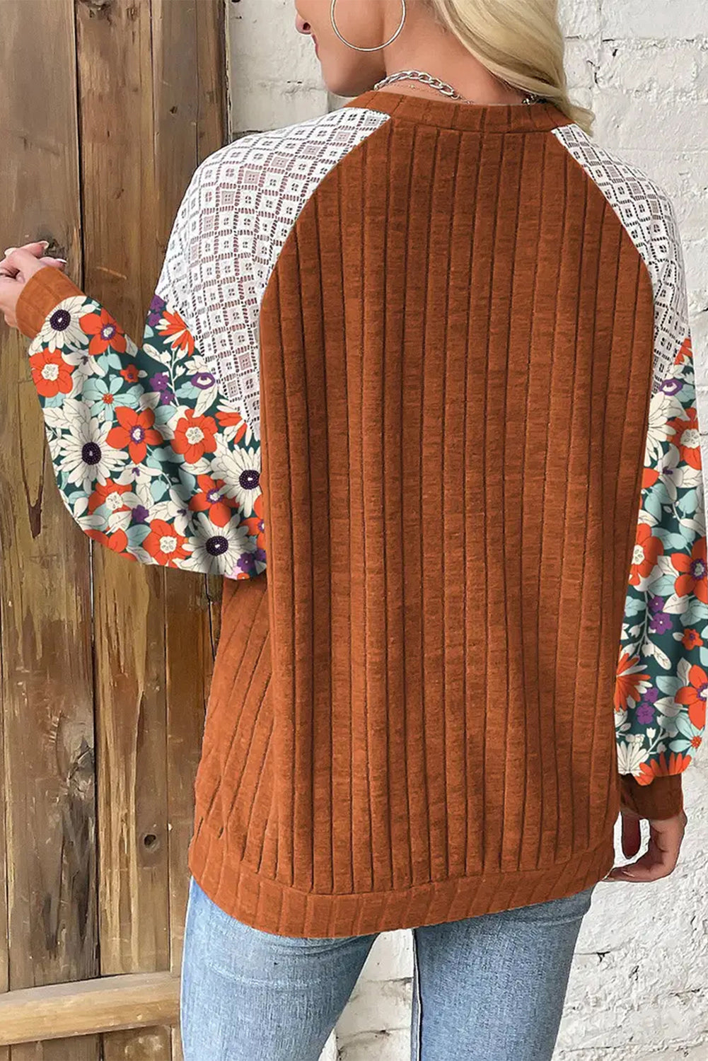 Long Sleeve Ribbed Blouse with Floral Patchwork Detail