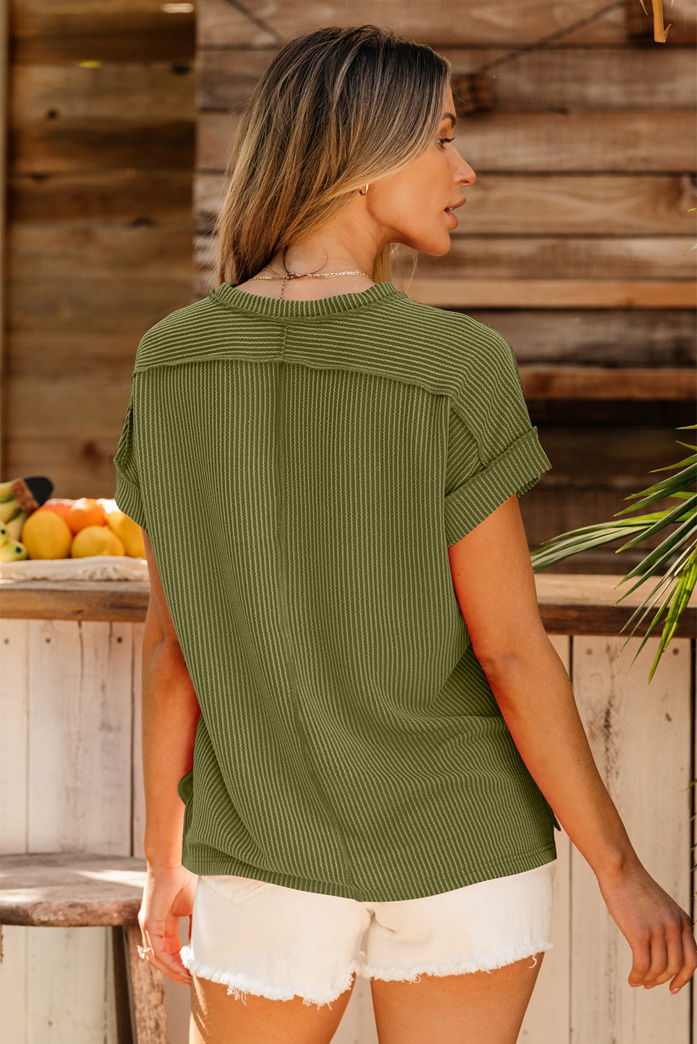 Textured Knit T-shirt with Exposed Stitching and Short Sleeves