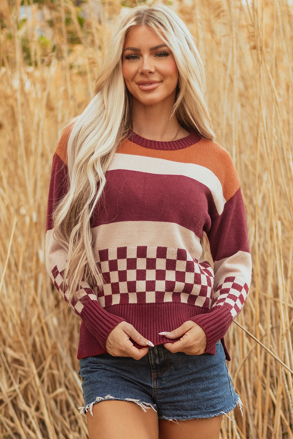 Knitted Checkered Color Block Drop Shoulder Sweater