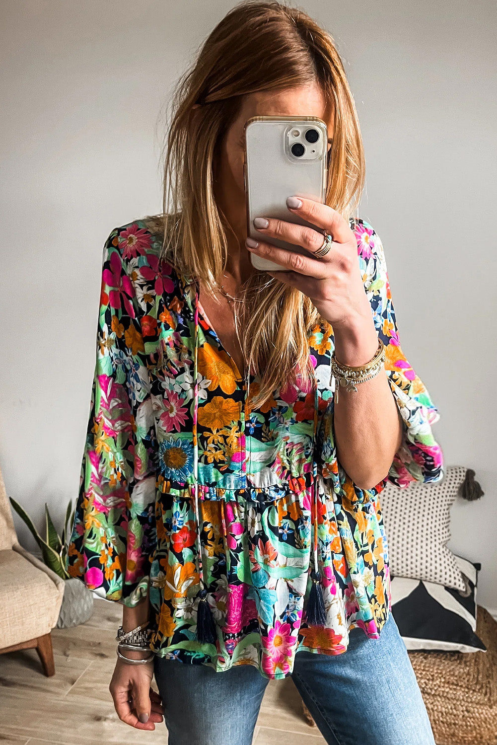 Ruffled V Neck Floral Print Bubble Sleeve Blouse for Women