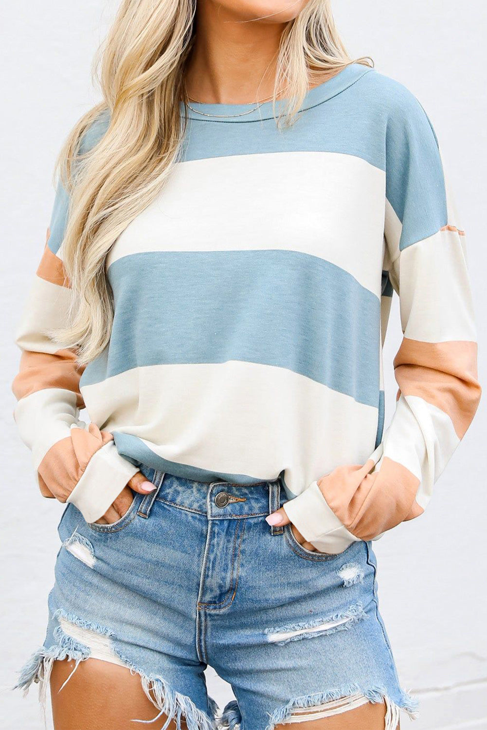 Striped Colorblock Drop Shoulder Long Sleeve Women's Top