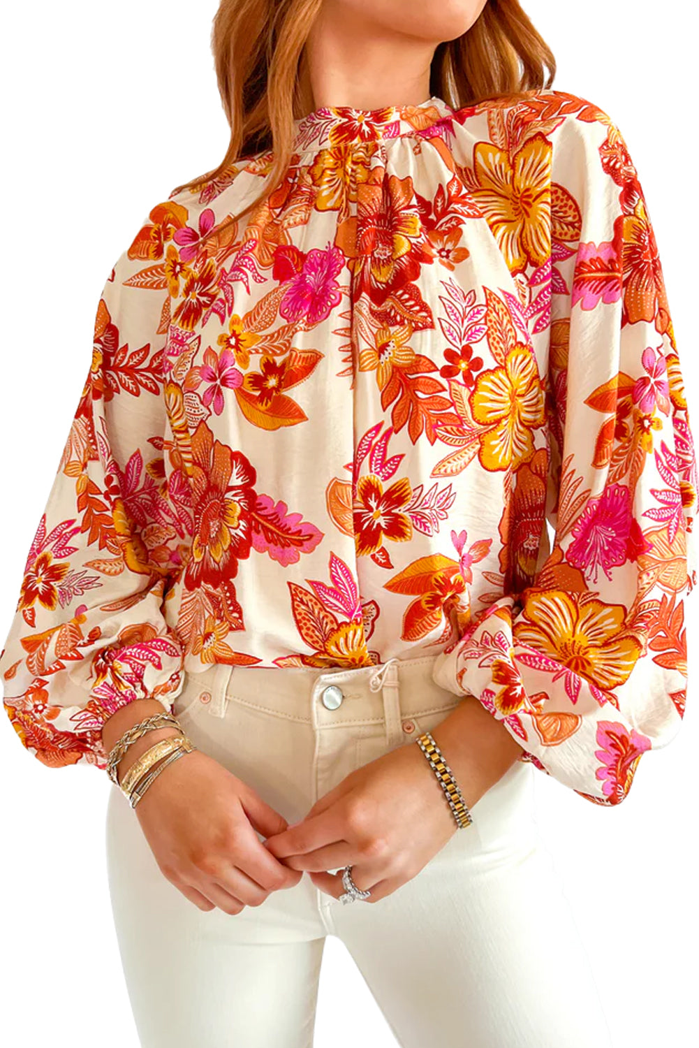 Floral Print Pearl Button Keyhole Long Puff Sleeve Blouse