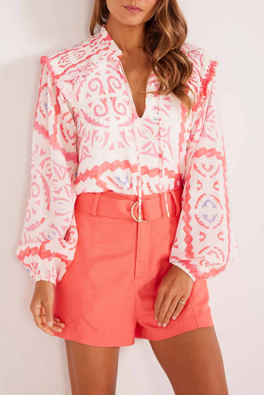 Vintage Print Smocked Poet Collar Blouson Sleeve Blouse