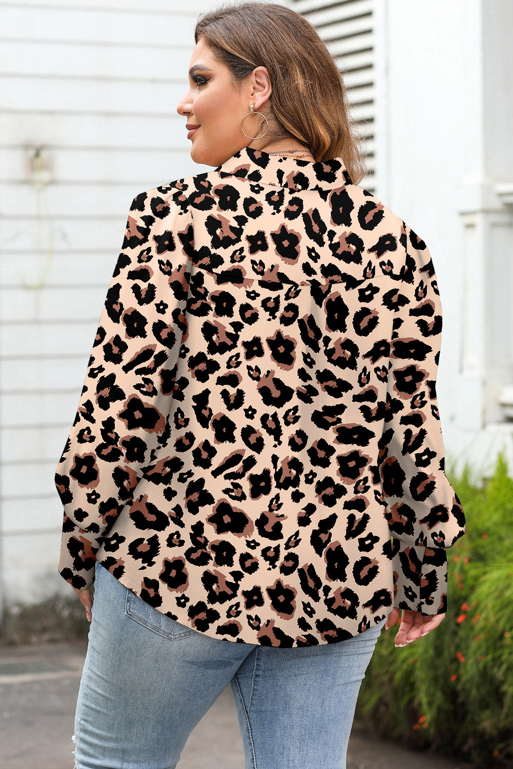 Plus Size Floral Print Button-Up Shirt with Long Sleeves