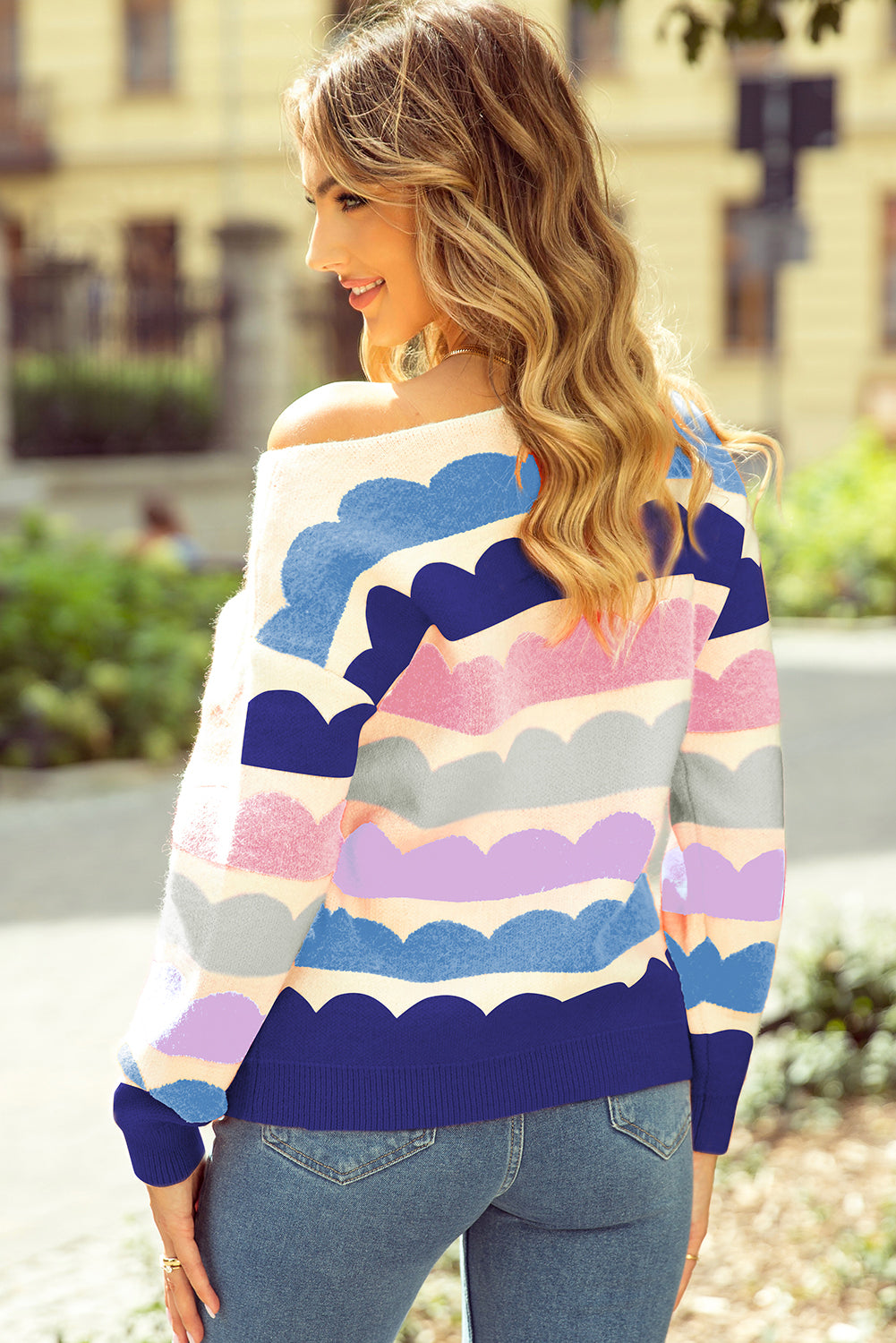 Balloon Sleeve Drop Shoulder Striped Knit Pullover Sweater for Women