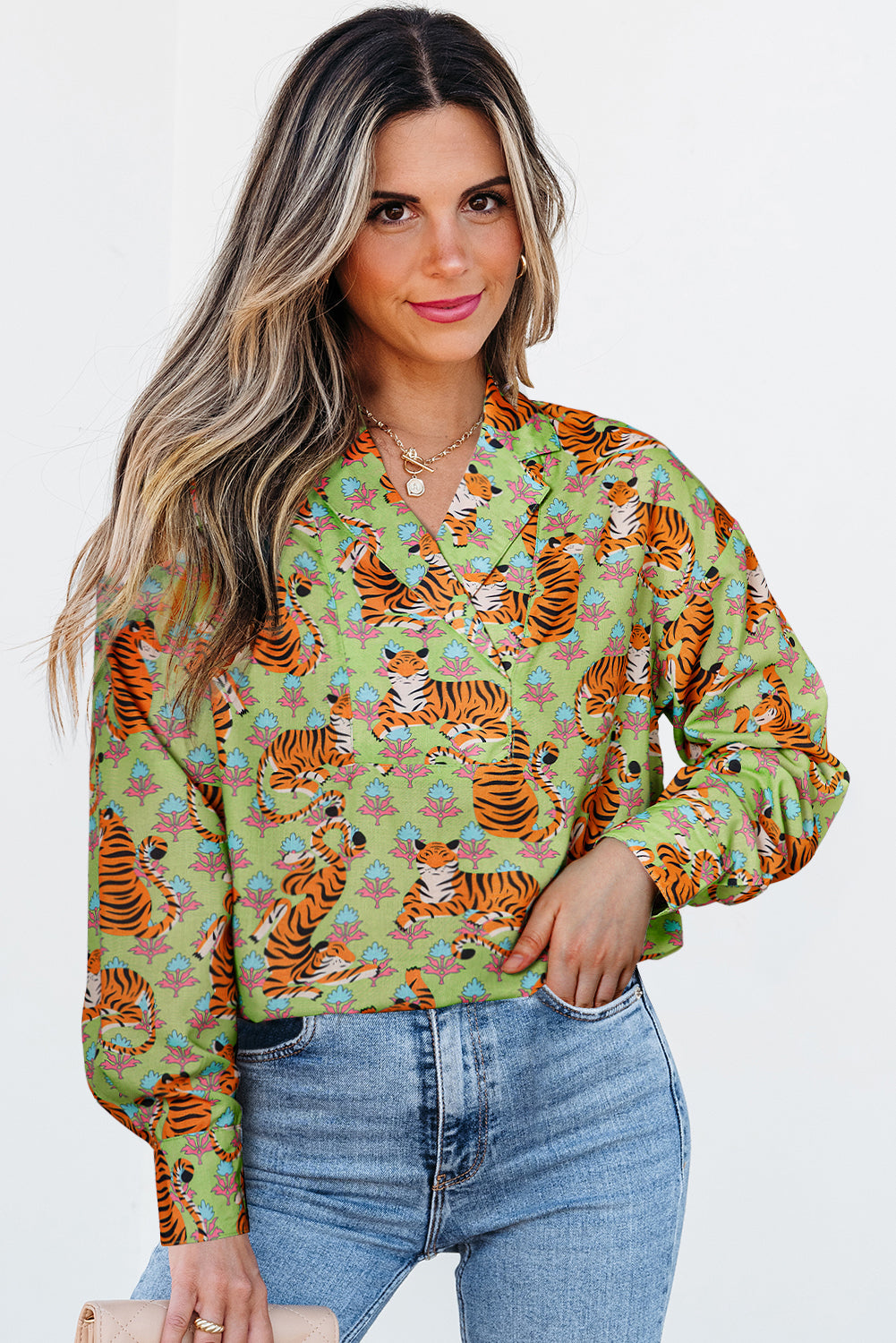 Floral Printed Collared V Neck Casual Shirt for Women