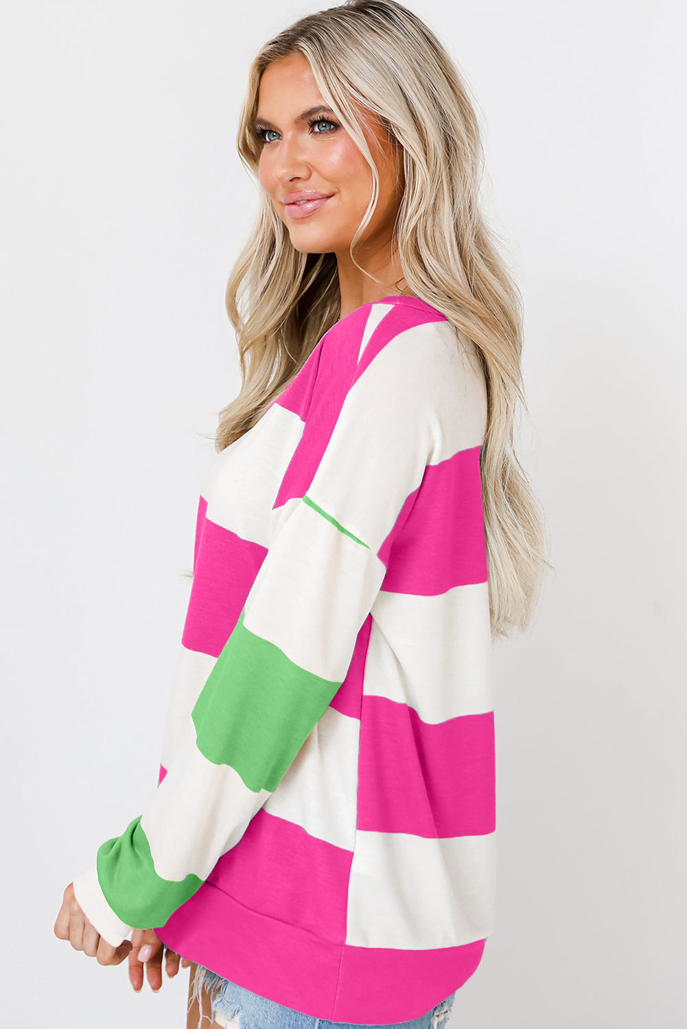 Striped Colorblock Drop Shoulder Long Sleeve Women's Top
