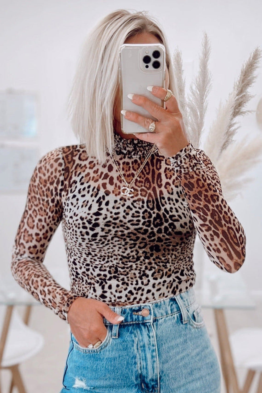 Leopard Print Smocked Neck Mesh Long Sleeve Bodysuit