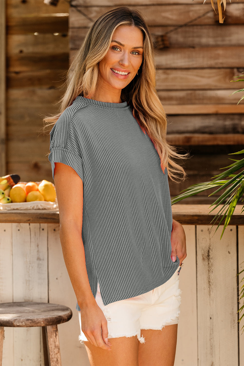 Textured Knit T-shirt with Exposed Stitching and Short Sleeves