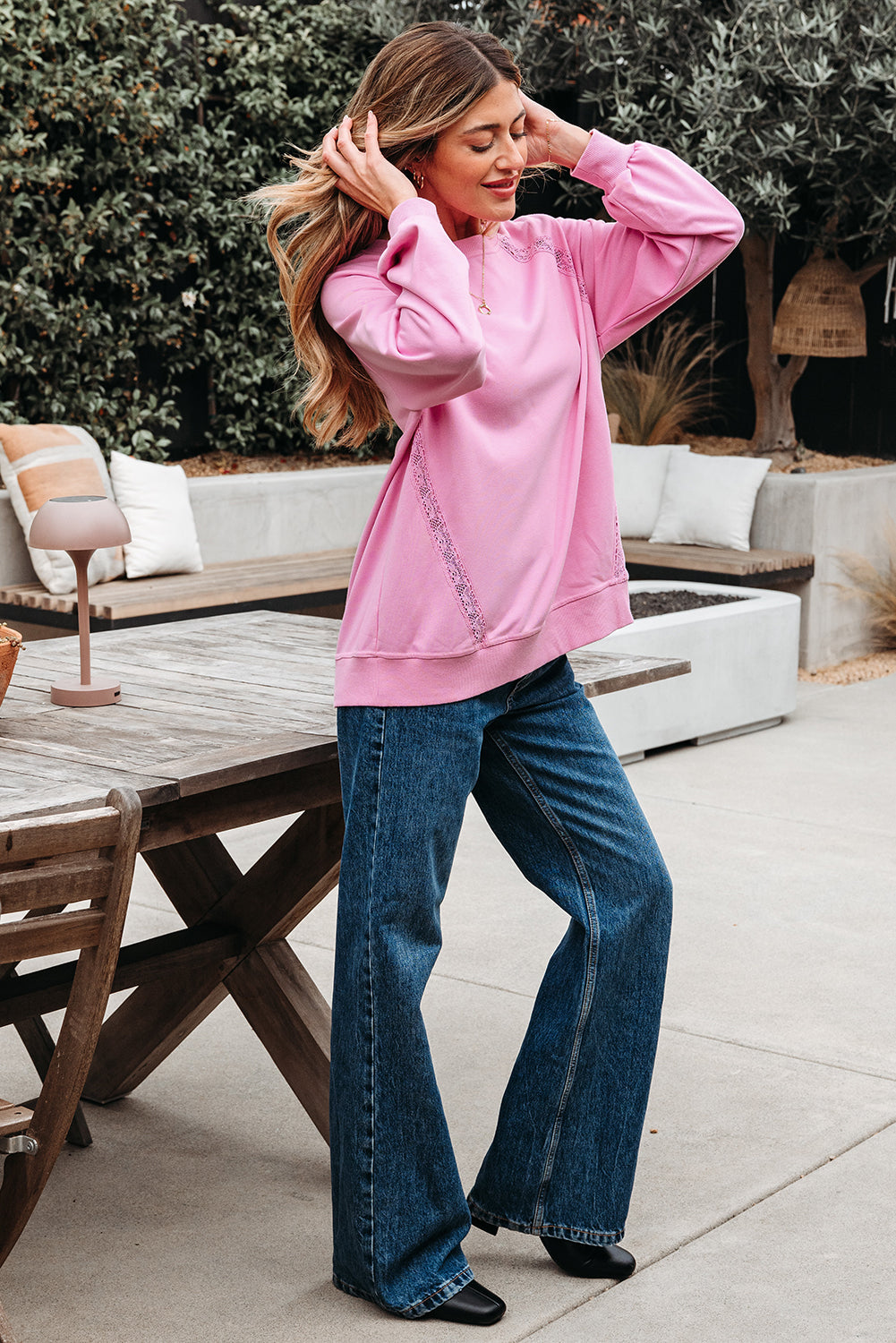 Loose Fit Lace Patch Raglan Sleeve Sweatshirt for Women